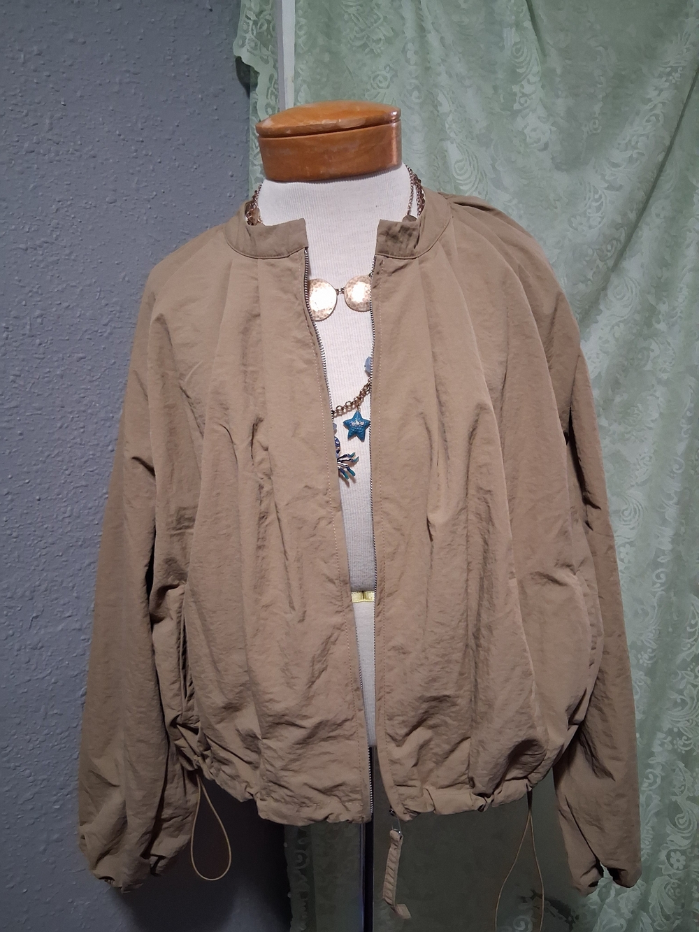 hazel Taupe  Crop Drawstring Bomber Jacket